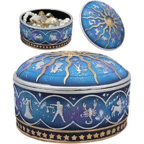 Ebros Gift Ancient Greek Astrological Horoscopes Zodiac Constellations With Sun And Moon Lid Decorative Trinket Box Figurine 4" Diameter In Royal Dreamy Blue And Gold Finish Jewelry Stash Container