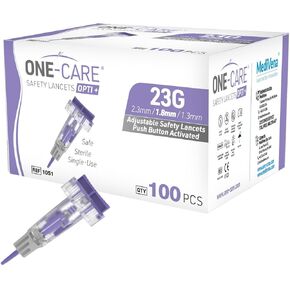 ONE-CARE Opti+ Adjustable Safety Lancets 23G x 3 Depth Setting (1.3 I 1.8 I 2.3mm), Preloaded, Gentle, Sterile,100/bx
