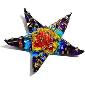 Tiny 2" Long Multicolor Starfish Figurine - Miniature Hand Blown Glass Star Fish Multi Color Colorful Marine Sea Crystal Animal Decorative Collectible Figurines Décor Gifts