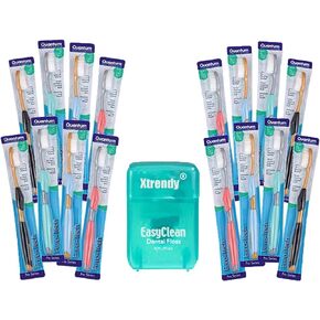 Euro-Tech Extra Soft Toothbrush, Soft Ultra Fine Feathered Bristles Toothbrush with Soft Slim Handle Grip and Thumb Rest for Adults, 16 Pack with Floss