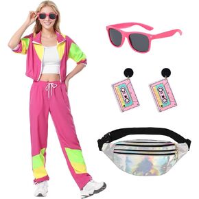 80s & 90s Women's Color Block 5 Piece Outfits Long Sleeve Windbreaker Jacket Active Tracksuit Suit for Women