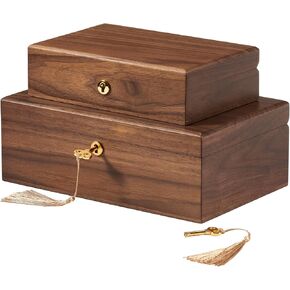 Walnut Storage Boxes with Locking Lid Set of 2 Decorative Solid Wood Storage Baskets Lockable Vintage Wooden Memory Box Chests for Keepsakes Photos Jewelry Desktop Organizer Container