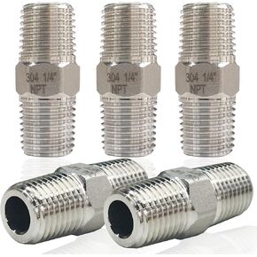 ZOUNI 5PCS Hex Nipple 3/8" Male x 3/8" Male Pipe Fittings, 304 Stainless Steel NPT 3/8 inch Male Threaded Pipe Adapter Fittings Equal Nipples Connectors, Male Straight Connector Pipe Fitting