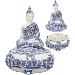 Ebros Gift Bhumisparsha Mudra Buddha Amitabha Meditating Terracotta Blue And White Round Jewelry Box Figurine 5.25"Diameter Buddhist Eastern Enlightenment Trinket Box Accessory Feng Shui Decor