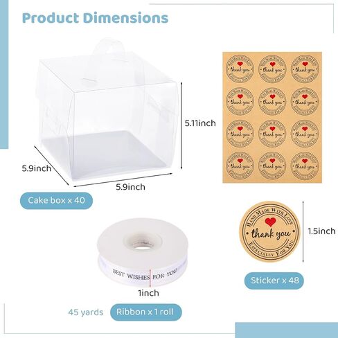40 PCS Clear Cake Boxes 6 Inch with Handles, 6x6x5 Inches Small Bakery Boxes with Cake Boards and Ribbon, Transparent Cake Carrier Box Treat Boxes for Wedding Birthday Guest in Saudi Arabia