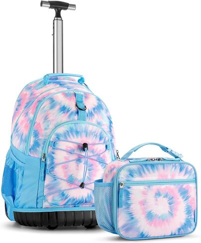 Choco Mocha Tie Dye Rolling Backpack for Girls with Lunch Bag, Large Travel Rolling Backpack Set for Teen Girls Middle School 18 Inch, Blue in Saudi Arabia