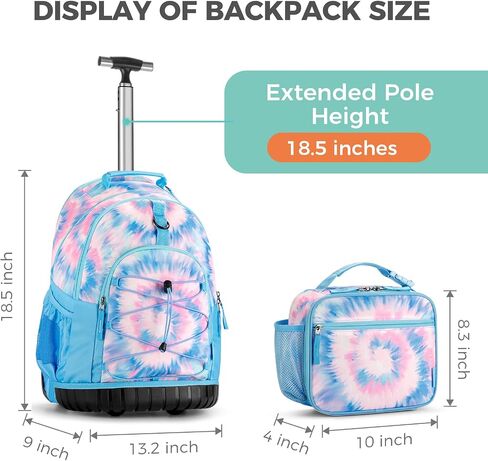 Choco Mocha Tie Dye Rolling Backpack for Girls with Lunch Bag, Large Travel Rolling Backpack Set for Teen Girls Middle School 18 Inch, Blue in Saudi Arabia