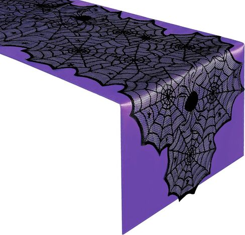 RunNico 2 PCS Halloween Spider Web Lace Table Runner, 72'' x 18'' Halloween Crawling Spider Lace-Lined Table Decoration, Black Purple Spider Web Tablerunner for Halloween Table and Home Decorations in Saudi Arabia
