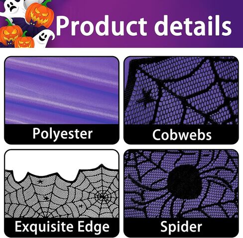 RunNico 2 PCS Halloween Spider Web Lace Table Runner, 72'' x 18'' Halloween Crawling Spider Lace-Lined Table Decoration, Black Purple Spider Web Tablerunner for Halloween Table and Home Decorations in Saudi Arabia