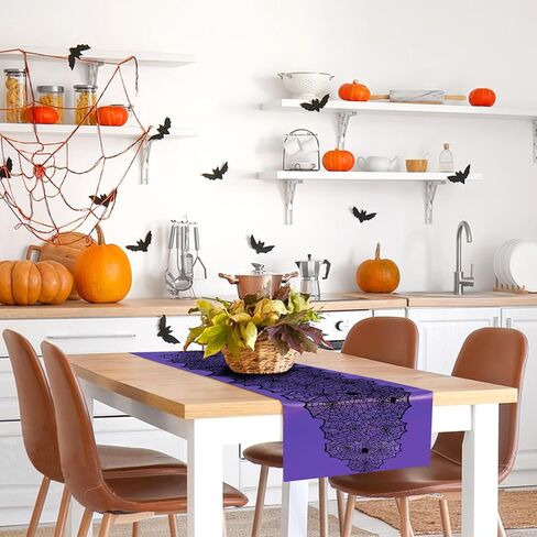 RunNico 2 PCS Halloween Spider Web Lace Table Runner, 72'' x 18'' Halloween Crawling Spider Lace-Lined Table Decoration, Black Purple Spider Web Tablerunner for Halloween Table and Home Decorations in Saudi Arabia