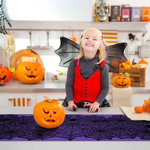 RunNico 2 PCS Halloween Spider Web Lace Table Runner, 72'' x 18'' Halloween Crawling Spider Lace-Lined Table Decoration, Black Purple Spider Web Tablerunner for Halloween Table and Home Decorations in Saudi Arabia