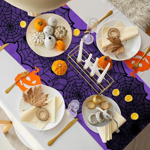 RunNico 2 PCS Halloween Spider Web Lace Table Runner, 72'' x 18'' Halloween Crawling Spider Lace-Lined Table Decoration, Black Purple Spider Web Tablerunner for Halloween Table and Home Decorations in Saudi Arabia