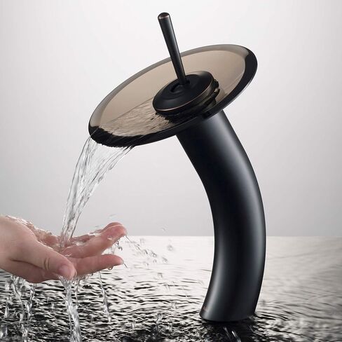 Kraus KGW-1700ORB-BRCL وعاء زجاجي ذو رافعة واحدة شلال حمام صنبور زيت مفروك برونزي مع قرص زجاجي شفاف بني in Kuwait