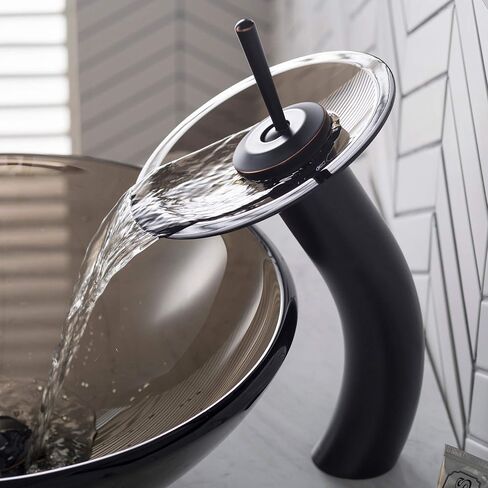 Kraus KGW-1700ORB-BRCL وعاء زجاجي ذو رافعة واحدة شلال حمام صنبور زيت مفروك برونزي مع قرص زجاجي شفاف بني in Kuwait