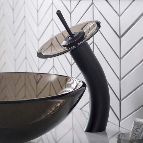 Kraus KGW-1700ORB-BRCL وعاء زجاجي ذو رافعة واحدة شلال حمام صنبور زيت مفروك برونزي مع قرص زجاجي شفاف بني in Kuwait