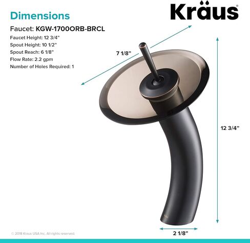 Kraus KGW-1700ORB-BRCL وعاء زجاجي ذو رافعة واحدة شلال حمام صنبور زيت مفروك برونزي مع قرص زجاجي شفاف بني in Kuwait