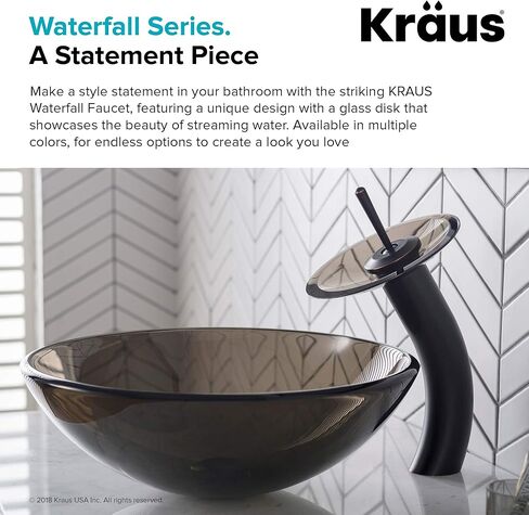 Kraus KGW-1700ORB-BRCL وعاء زجاجي ذو رافعة واحدة شلال حمام صنبور زيت مفروك برونزي مع قرص زجاجي شفاف بني in Kuwait