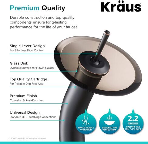 Kraus KGW-1700ORB-BRCL وعاء زجاجي ذو رافعة واحدة شلال حمام صنبور زيت مفروك برونزي مع قرص زجاجي شفاف بني in Kuwait