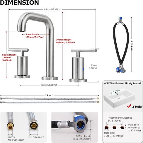 PARLOS Brushed Nickel Faucet for Bathroom Sink 3 Hole, 8 Inch Widespread Bathroom Sink Faucet, Two Handle Vanity Faucet with cUPC Supply Lines, 1.2GPM, 1437502PD in Saudi Arabia