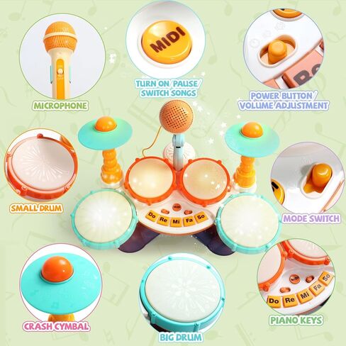 مجموعة طبول للأطفال مجموعة طبول للأطفال الصغار من 1 إلى 3 ألعاب موسيقية مع ميكروفون للأطفال الصغار ألعاب لعمر سنة واحدة للأولاد والبنات هدايا عيد الميلاد الأولى تضيء لعبة تعليمية للأعمار من 1 إلى 3 سنوات (لون عشوائي) in Kuwait