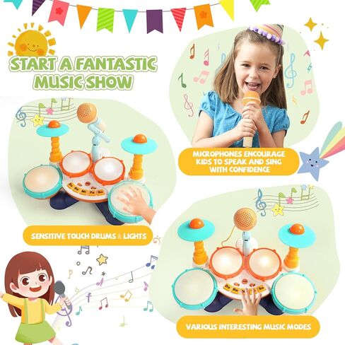 مجموعة طبول للأطفال مجموعة طبول للأطفال الصغار من 1 إلى 3 ألعاب موسيقية مع ميكروفون للأطفال الصغار ألعاب لعمر سنة واحدة للأولاد والبنات هدايا عيد الميلاد الأولى تضيء لعبة تعليمية للأعمار من 1 إلى 3 سنوات (لون عشوائي) in Kuwait