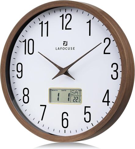 Lafocuse Brown Wooden Grain Frame LCD Wall Clock with Date and Temperature,Time,Month,Day of Week,Silent Quartz Digital Wall Clocks Battery Operated 12 inch Decorative for Living Room Office Bedroom in Saudi Arabia