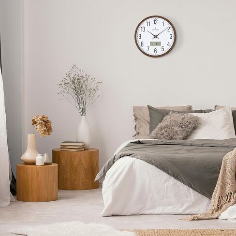 Lafocuse Brown Wooden Grain Frame LCD Wall Clock with Date and Temperature,Time,Month,Day of Week,Silent Quartz Digital Wall Clocks Battery Operated 12 inch Decorative for Living Room Office Bedroom in Saudi Arabia