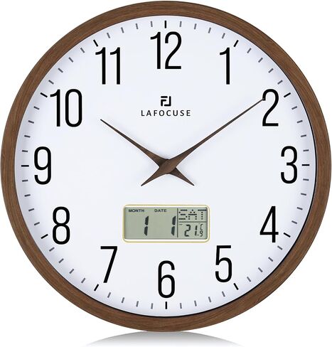 Lafocuse Brown Wooden Grain Frame LCD Wall Clock with Date and Temperature,Time,Month,Day of Week,Silent Quartz Digital Wall Clocks Battery Operated 12 inch Decorative for Living Room Office Bedroom in Saudi Arabia