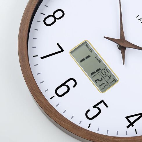 Lafocuse Brown Wooden Grain Frame LCD Wall Clock with Date and Temperature,Time,Month,Day of Week,Silent Quartz Digital Wall Clocks Battery Operated 12 inch Decorative for Living Room Office Bedroom in Saudi Arabia