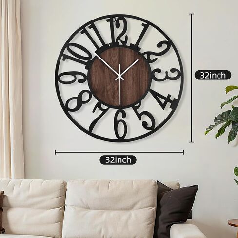 Maxstar Round Wall Clock for Living Room Decor Battery Operated Non Ticking Silent Vintage Black Metal Wood Clocks for Home Living Room Garden Farmhouse Office Kitchen Decoration -13 inch in Saudi Arabia