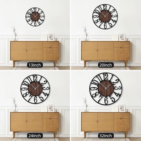 Maxstar Round Wall Clock for Living Room Decor Battery Operated Non Ticking Silent Vintage Black Metal Wood Clocks for Home Living Room Garden Farmhouse Office Kitchen Decoration -13 inch in Saudi Arabia