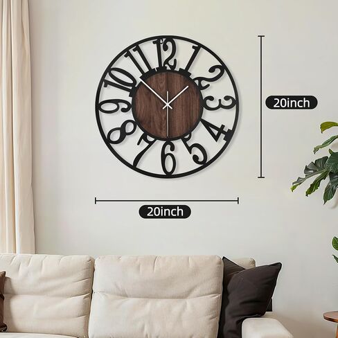 Maxstar Round Wall Clock for Living Room Decor Battery Operated Non Ticking Silent Vintage Black Metal Wood Clocks for Home Living Room Garden Farmhouse Office Kitchen Decoration -13 inch in Saudi Arabia