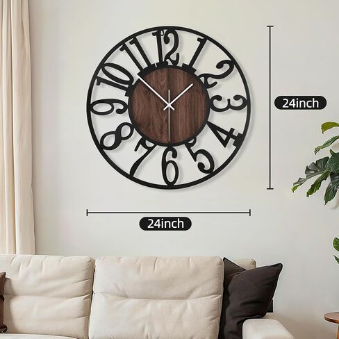 Maxstar Round Wall Clock for Living Room Decor Battery Operated Non Ticking Silent Vintage Black Metal Wood Clocks for Home Living Room Garden Farmhouse Office Kitchen Decoration -13 inch in Saudi Arabia
