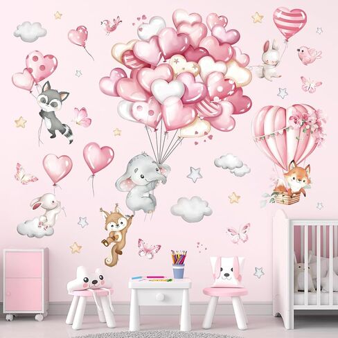 decalmile Forest Animals Pink Balloon Wall Decals Hot Air Balloon Elephant Fox Wall Stickers Baby Nursery Girls Bedroom Playroom Wall Decor in Saudi Arabia