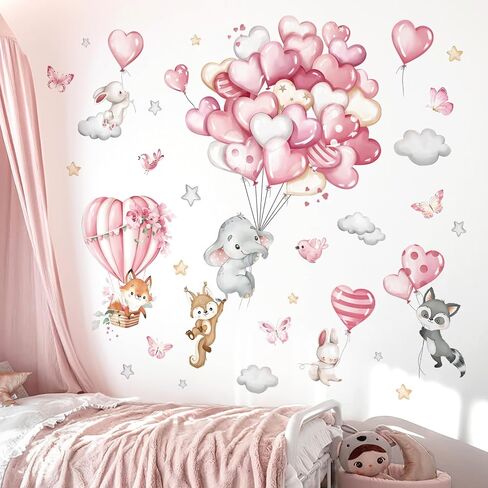 decalmile Forest Animals Pink Balloon Wall Decals Hot Air Balloon Elephant Fox Wall Stickers Baby Nursery Girls Bedroom Playroom Wall Decor in Saudi Arabia