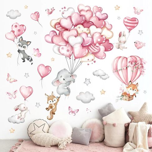 decalmile Forest Animals Pink Balloon Wall Decals Hot Air Balloon Elephant Fox Wall Stickers Baby Nursery Girls Bedroom Playroom Wall Decor in Saudi Arabia