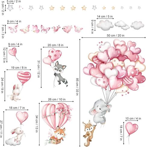decalmile Forest Animals Pink Balloon Wall Decals Hot Air Balloon Elephant Fox Wall Stickers Baby Nursery Girls Bedroom Playroom Wall Decor in Saudi Arabia