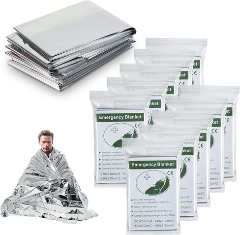 10 Pack Emergency Mylar Thermal Blankerts - Foil Space Blanket for Survival, Outdoors, Camping Gear, Hiking Travel, First Aid, Extreme Weather(Double-Sided Silver) in Saudi Arabia