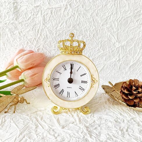 Vintage Mini Analog Table Clock, Silent Crown Table Clock with Hand-Painted Metal Body and Battery Operated Non-Ticking Clock Core for Shelf, Living Room, Bedroom, Bedside, Desk, Gift Clock in Saudi Arabia