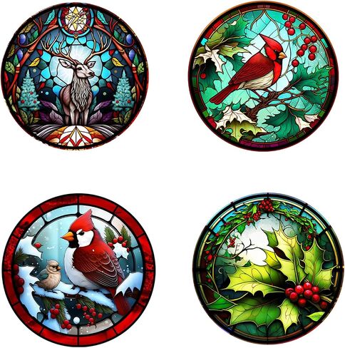 4 Sheets Christmas Window Clings,Christmas Cardinal Window Stickers,Christmas Decorations Christmas Decor for Glass Windows,Painted Window Clings with Cardinal,Poinsettia,Rooster (JD139) in Saudi Arabia