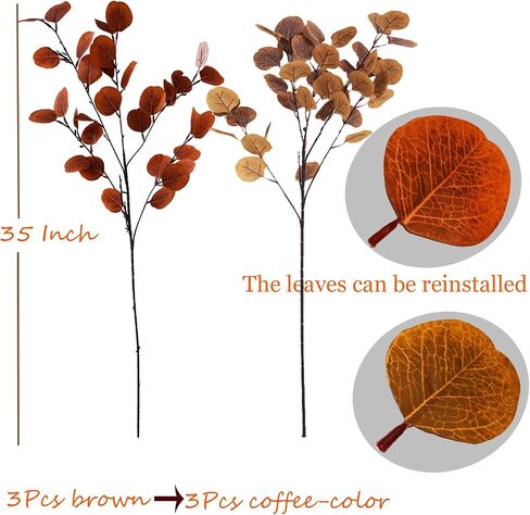 6 Pcs Fall Eucalyptus Leaves, 35Inch Artificial Eucalyptus Stems, Silver Dollar Leaves Autumn Leaf Branches, Fake Brown Eucalyptus for Xmas Home Autumn Thanksgiving Decor(Dark Yellow) in Saudi Arabia