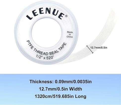 شريط سباكين PTFE، 1/2 بوصة (عرض) × 520 بوصة (طول) شريط تفلون سمك 4 مل لمنع تسرب الأنابيب، شريط سباكة شريط ختم خيط لرأس الدش والمجاري 6 عبوات in Kuwait