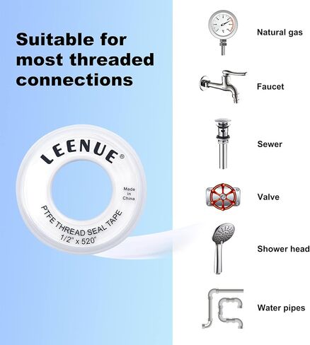 شريط سباكين PTFE، 1/2 بوصة (عرض) × 520 بوصة (طول) شريط تفلون سمك 4 مل لمنع تسرب الأنابيب، شريط سباكة شريط ختم خيط لرأس الدش والمجاري 6 عبوات in Kuwait