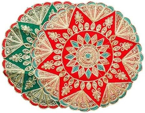Set of 2 Mat Aasan Round Velvet Pooja Cloth Mat Aasan Decorative Cloth with Sequence Work for Indian Traditional Multipurpose Pooja Festival Decorations Item & Article(Size:- 11" X11")(Red and Green) in Saudi Arabia