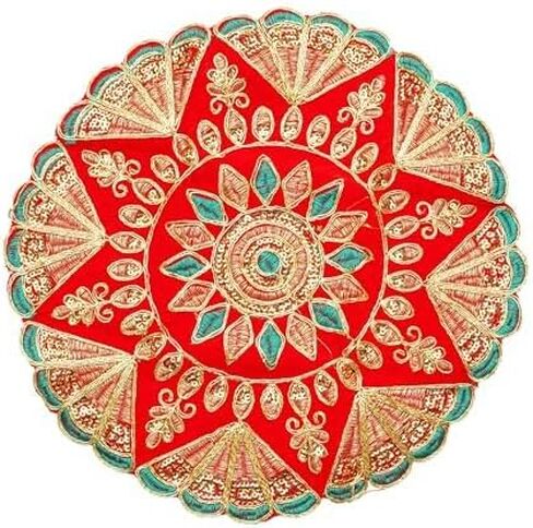 Set of 2 Mat Aasan Round Velvet Pooja Cloth Mat Aasan Decorative Cloth with Sequence Work for Indian Traditional Multipurpose Pooja Festival Decorations Item & Article(Size:- 11" X11")(Red and Green) in Saudi Arabia
