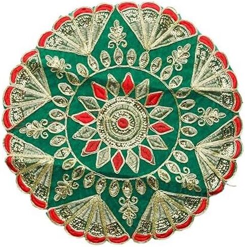 Set of 2 Mat Aasan Round Velvet Pooja Cloth Mat Aasan Decorative Cloth with Sequence Work for Indian Traditional Multipurpose Pooja Festival Decorations Item & Article(Size:- 11" X11")(Red and Green) in Saudi Arabia
