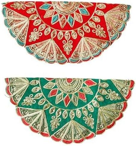 Set of 2 Mat Aasan Round Velvet Pooja Cloth Mat Aasan Decorative Cloth with Sequence Work for Indian Traditional Multipurpose Pooja Festival Decorations Item & Article(Size:- 11" X11")(Red and Green) in Saudi Arabia