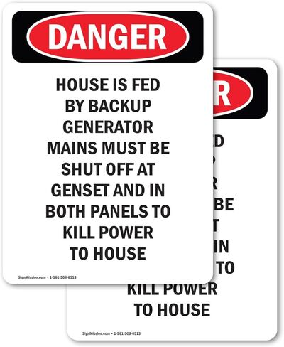 (عبوتان) يتم تغذية المنزل بواسطة مولد النسخ الاحتياطي OSHA Danger Sign مقاس 5 بوصة × 3.5 بوصة ملصق من الفينيل مقاوم للطقس، ومحمي من الأشعة فوق البنفسجية لمكان العمل والأعمال التجارية وموقع البناء، صنع في الولايات المتحدة الأمريكية in Saudi Arabia