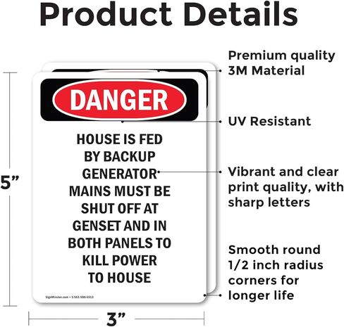 (عبوتان) يتم تغذية المنزل بواسطة مولد النسخ الاحتياطي OSHA Danger Sign مقاس 5 بوصة × 3.5 بوصة ملصق من الفينيل مقاوم للطقس، ومحمي من الأشعة فوق البنفسجية لمكان العمل والأعمال التجارية وموقع البناء، صنع في الولايات المتحدة الأمريكية in Saudi Arabia