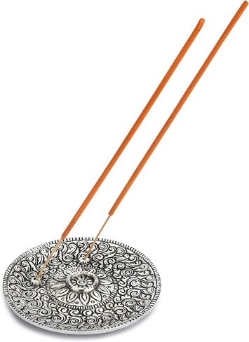 Ajuny Aluminium Silver Round Incense Holder with Ash Catcher for Sticks-Handmade Polished Incense Plate -Tibetan Style Flower Design 10 cm Incense Holder Meditation Accessories Spiritual in Saudi Arabia